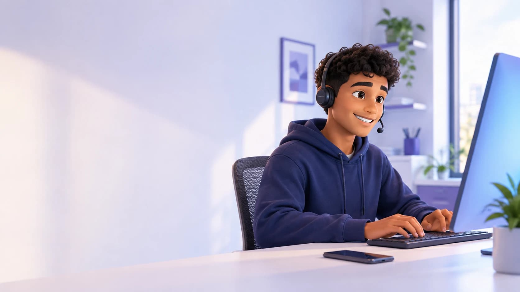 Atendente de headset prospectando empresas no computador